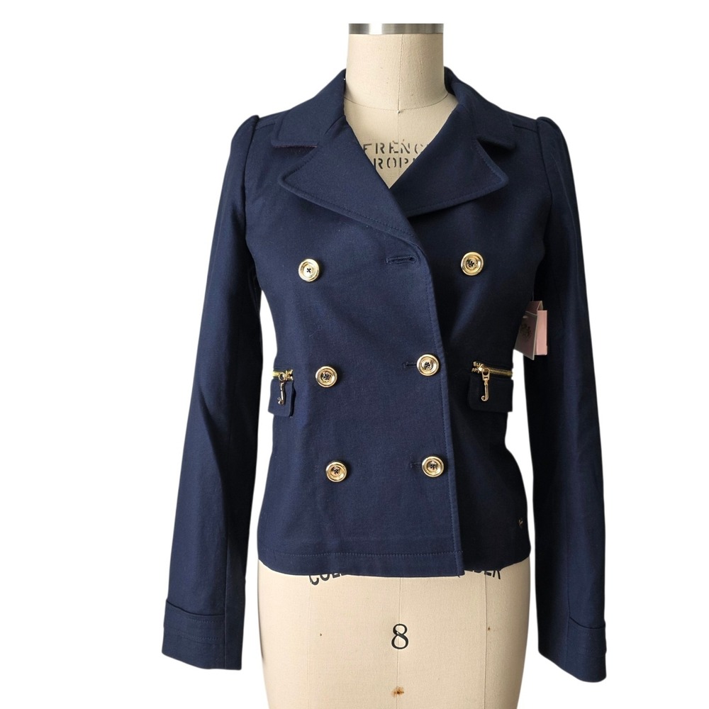 NWT Juicy Couture Military Navy Blue Double Breasted Peacoat Gold Button Girl 14